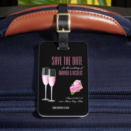 Black Floral Modern Elegant Wedding Save The Date Luggage Tag