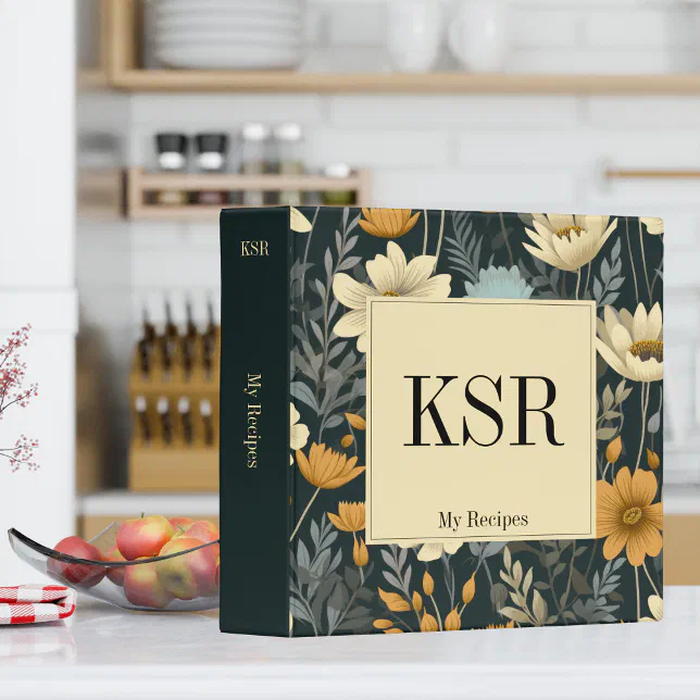 Black Floral Modern Monogram Family Recipes 3 Ring Binder
