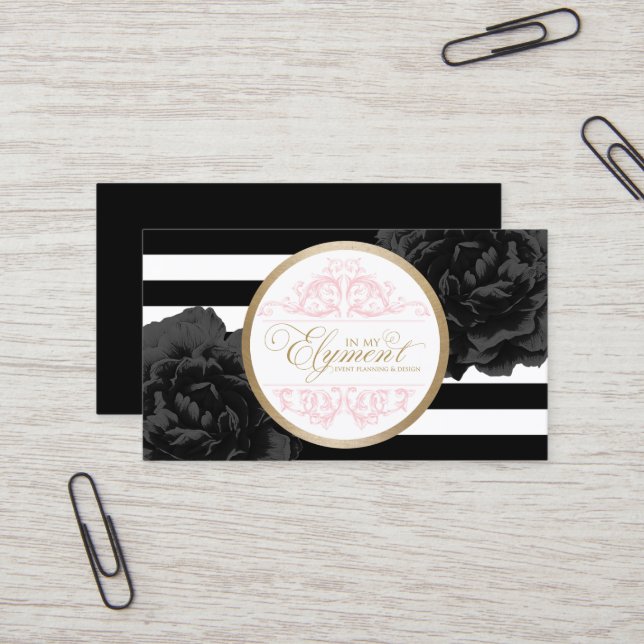Black Floral Modern Stripes Event Planner Stylist Business Card (Front/Back In Situ)