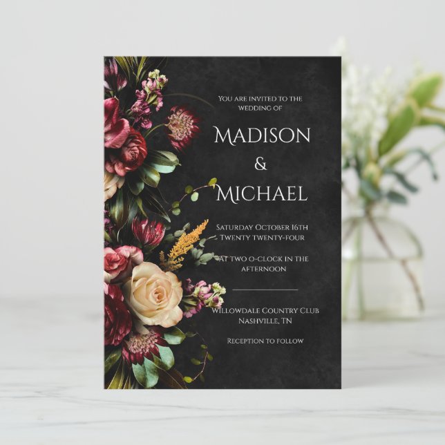 Black Floral Modern Wedding Invitation (Standing Front)