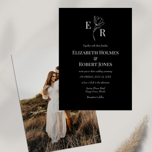 Black Floral Monogram Custom Photo Wedding  Invitation
