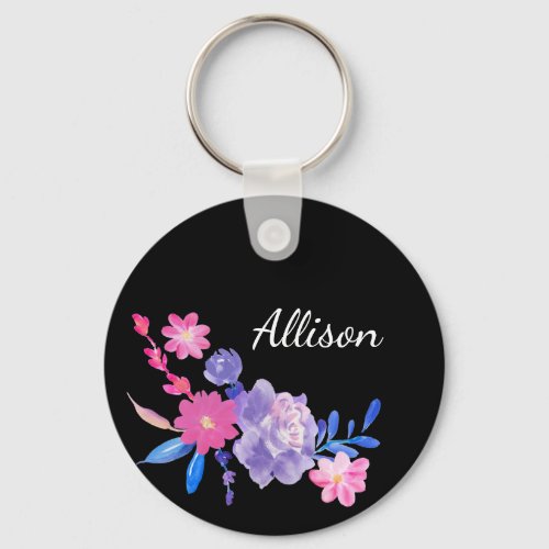 Black Floral Monogram Cute Pretty Pink Girly Keychain