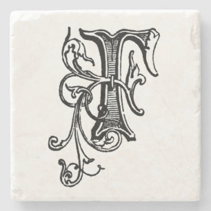 Black Floral Monogram 'F' Stone Coaster