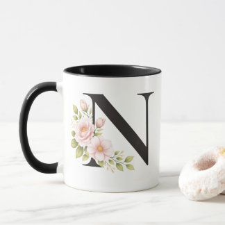 Black Floral Monogram N Mug
