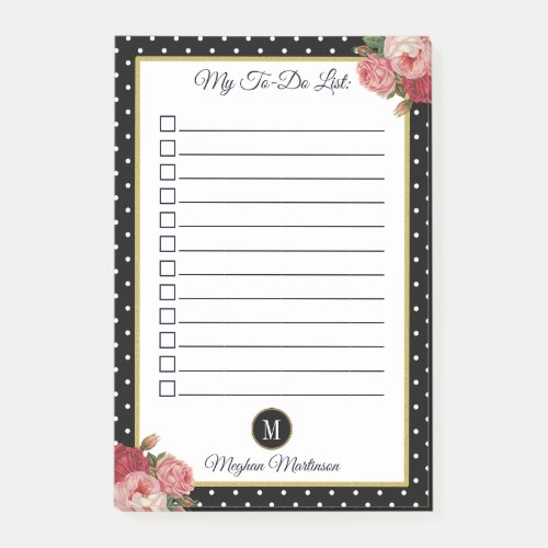 Black Floral Monogram Polka Dots Name To Do List Post_it Notes