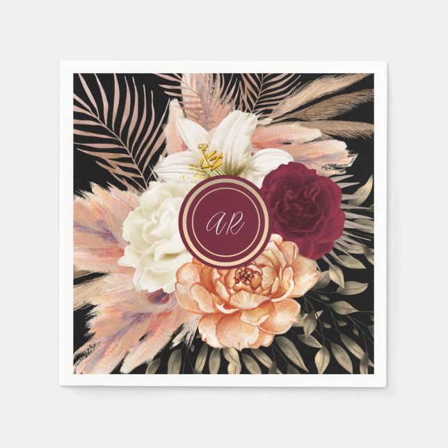 Black Floral Monogram Wedding Napkins (Front)