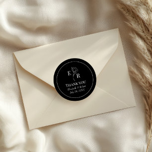 Black Floral Monogram Wedding Thank You Classic Round Sticker