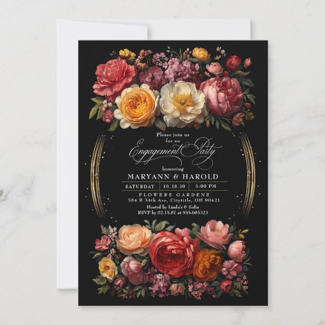 Black Floral Moody Botanical Chic Engagement Party Invitation (Front)