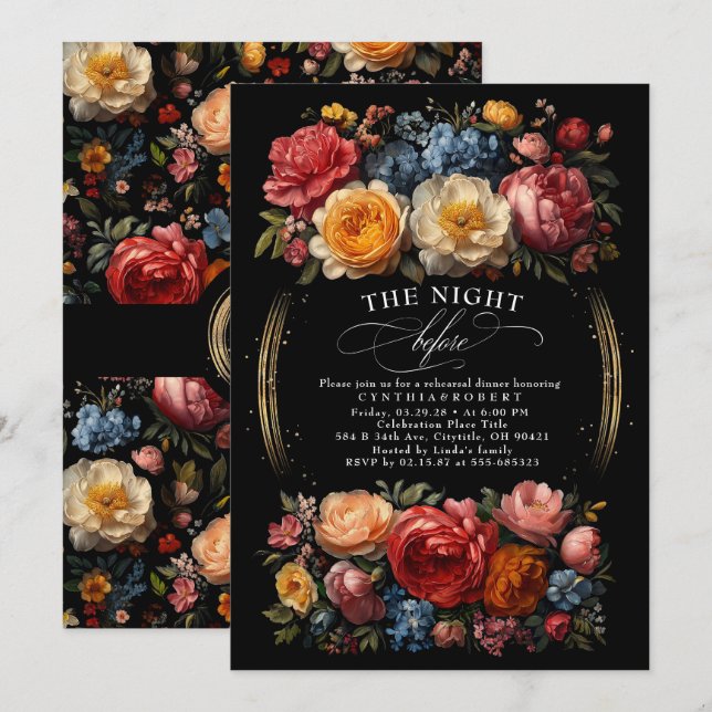 Black Floral Moody Botanical Chic Rehearsal Dinner Invitation (Front/Back)