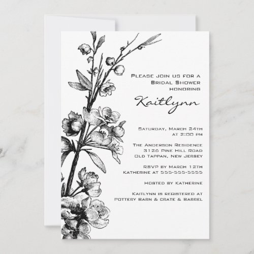 Black Floral on White Bridal Shower Invitation