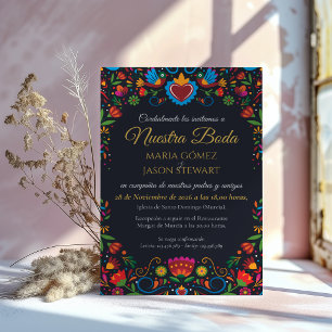 Black Floral Otomi Colorful Fiesta Spanish Wedding Invitation