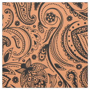 Black Floral Paisley-Custom Orange Background Fabric