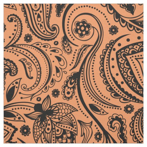 Black Floral Paisley-Custom Orange Background Fabric