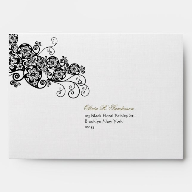 Black Floral Paisley Elegant Bohemian Chic Wedding Envelope (Front)