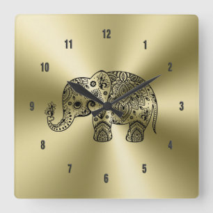Black Floral Paisley Elephant Gold Stainless Steel Square Wall Clock