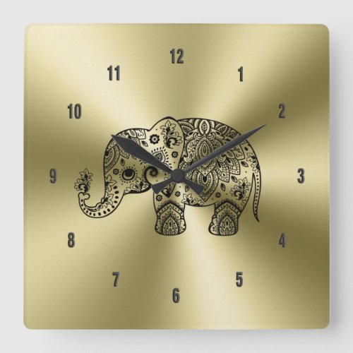 Black Floral Paisley Elephant Gold Stainless Steel Square Wall Clock