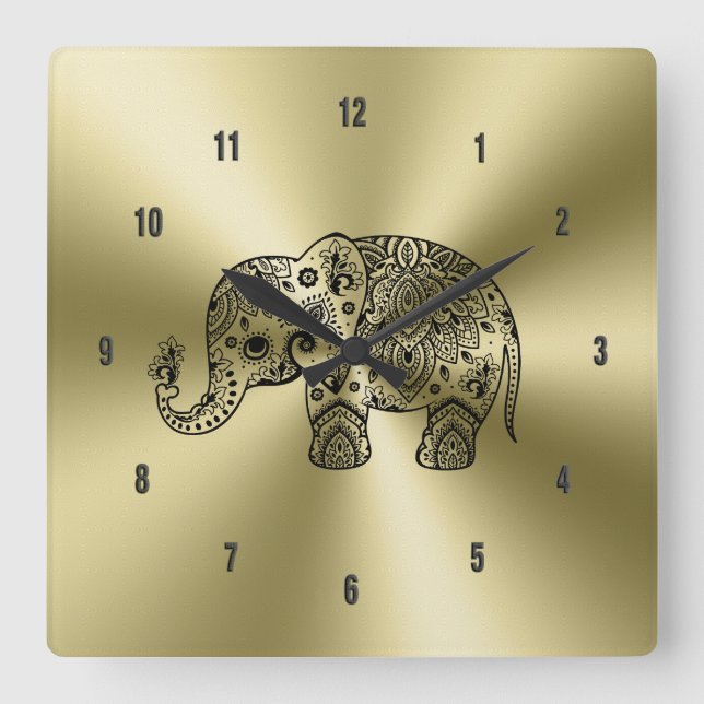 Black Floral Paisley Elephant Gold Stainless Steel Square Wall Clock (Front)
