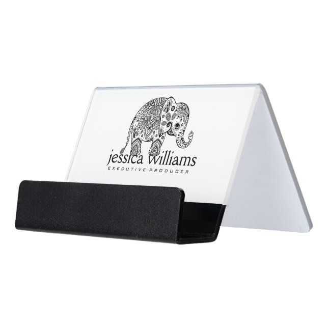 Black Floral Paisley Elephant Illustration Desk Business Card Holder (Angled Front)