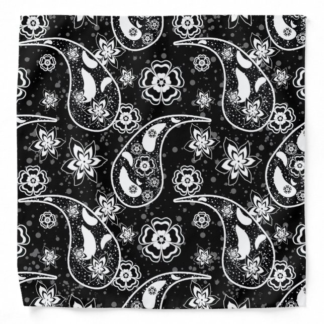 Black Floral Paisley Illustration Pattern Design Bandana (Front)