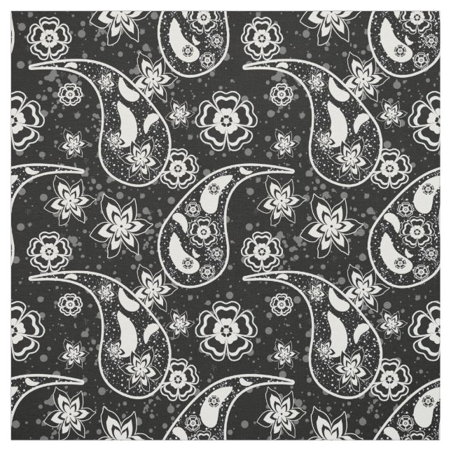 Black Floral Paisley Pattern Design Textile Fabric (Swatch)