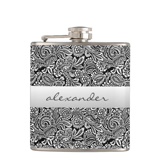 Black Floral Paisley Personalized Groomsmen Flask (Front)