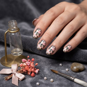 Black floral pattern minx nail art