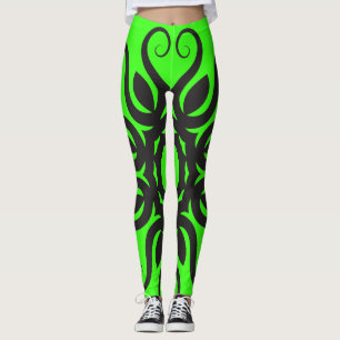 Black Floral Pattern on Neon Green Women's Workout Leggings