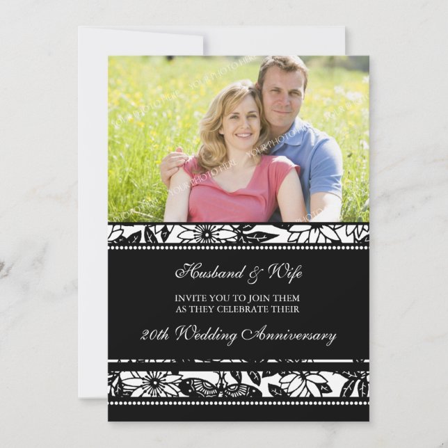 Black Floral Photo 20th Anniversary Invitation (Front)