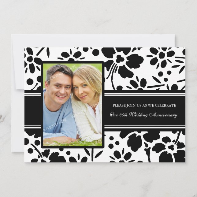 Black Floral Photo 25th Anniversary Invitation (Front)