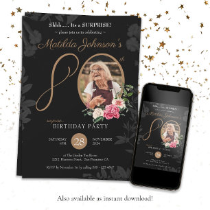 Black Floral Photo 80th Surprise Birthday Party Invitation