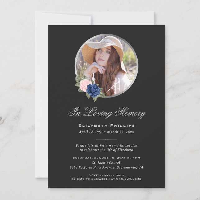 Black Floral Photo Memorial Service Funeral Invitation (Front)
