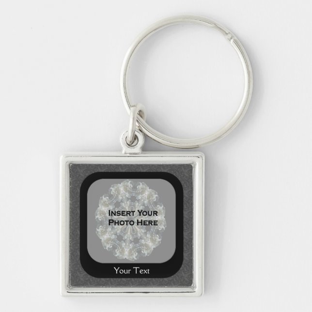 Black Floral Photo Template Personalized Keychain (Front)