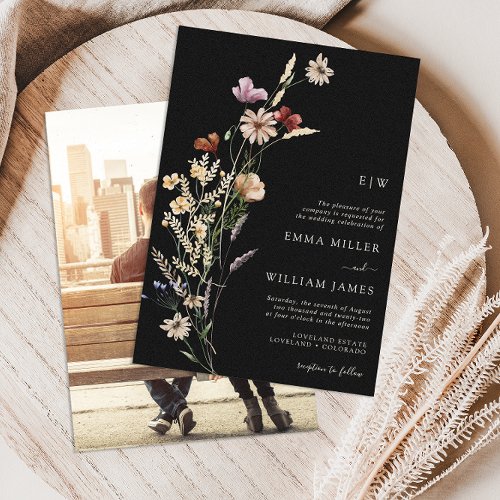 Black Floral Photo Wedding Invitation