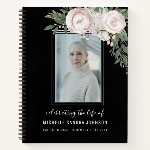 Black Floral Photo Woman Memorial  Guest Book