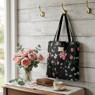 Black Floral pink Flowers pattern Trendy Classic Tote Bag