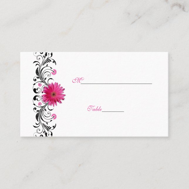Black Floral Pink Gerbera Daisy Place Card (Front)
