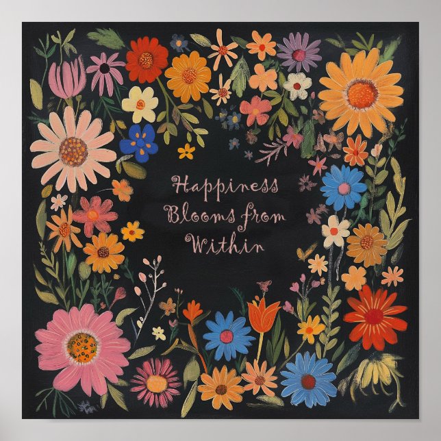 Black Floral Print - Folk Art Floral - Happiness (Front)