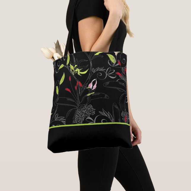 Black Floral Print Tote Bag (Close Up)