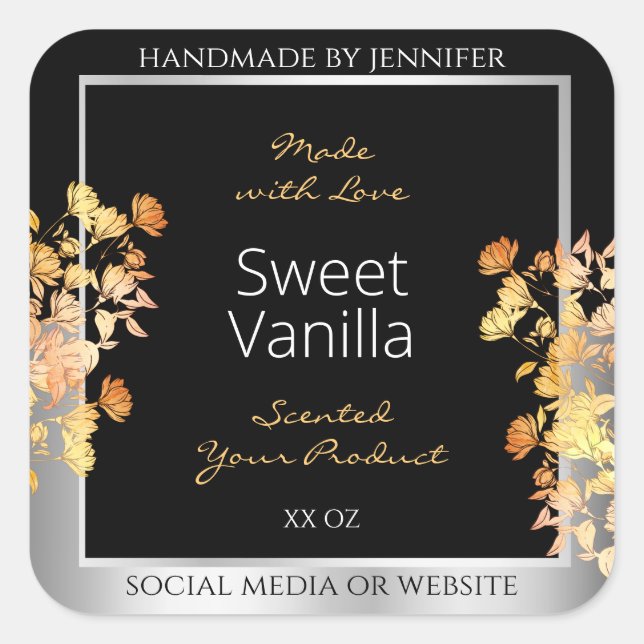 Black Floral Product Packaging Label Orange Silver (Front)