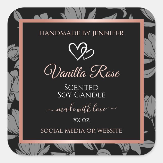 Black Floral Product Packaging Labels Rose Gold (Front)
