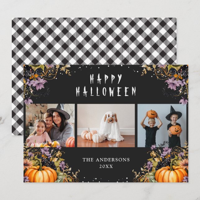 Black Floral Pumpkins 3 Photo Halloween Cards (Front/Back)