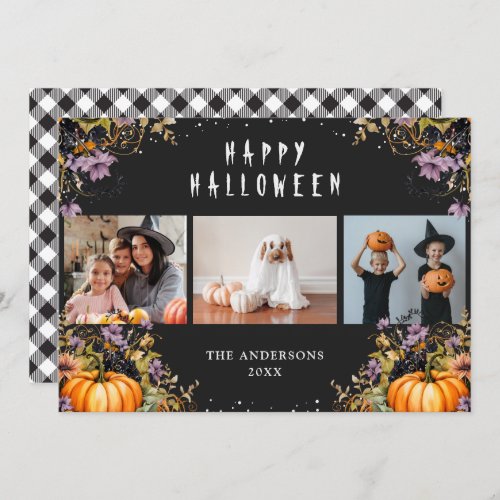 Black Floral Pumpkins 3 Photo Halloween Cards