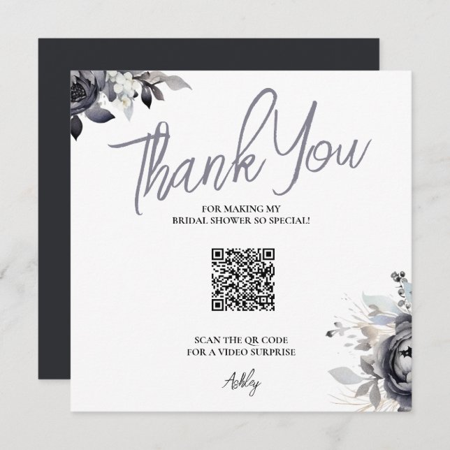 Black Floral QR Code Thank You Card (Front/Back)