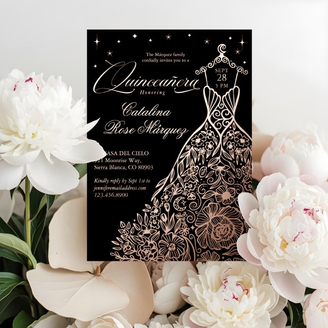 Black Floral Quinceañera Gown Celestial Moon Stars Foil Invitation (Black Floral Quinceañera Gown Celestial Moon Stars Foil Invitation)