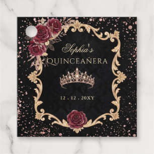 Black Floral Red Rose Gold Tiara Photo Quinceanera Favor Tags