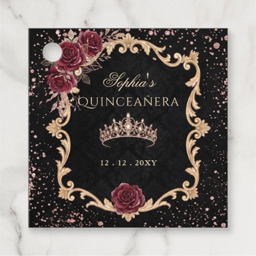 Black Floral Red Rose Gold Tiara Photo Quinceanera Favor Tags