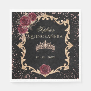 Black Floral Red Rose Gold Tiara Photo Quinceanera Napkins