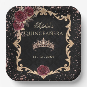 Black Floral Red Rose Gold Tiara Photo Quinceanera Paper Plates