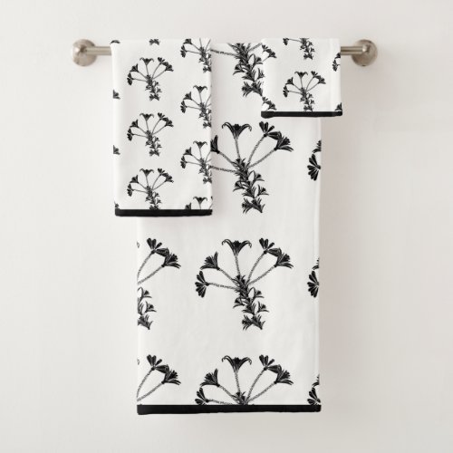 Black Floral Repeat On White Bath Towel Set
