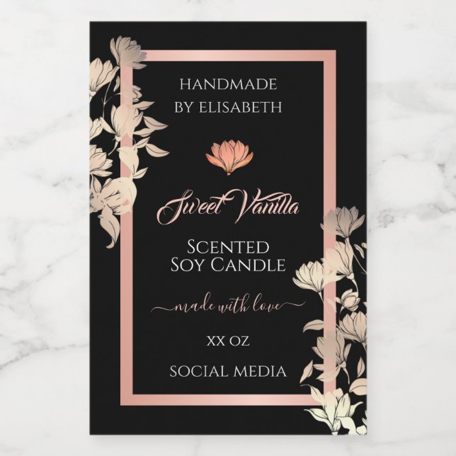Black Floral Rose Gold Product Packaging Labels & (Single Label)